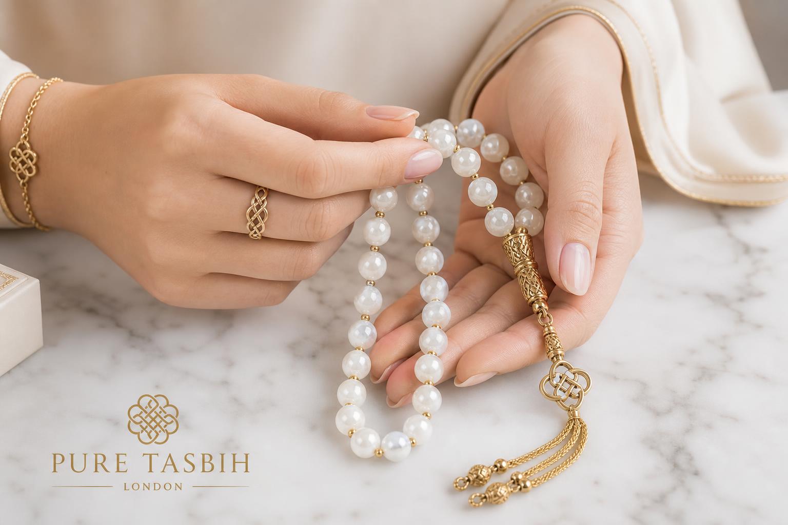 Elegant hands holding a luxury tasbih with luminous white beads and ornate gold tassel on white marble