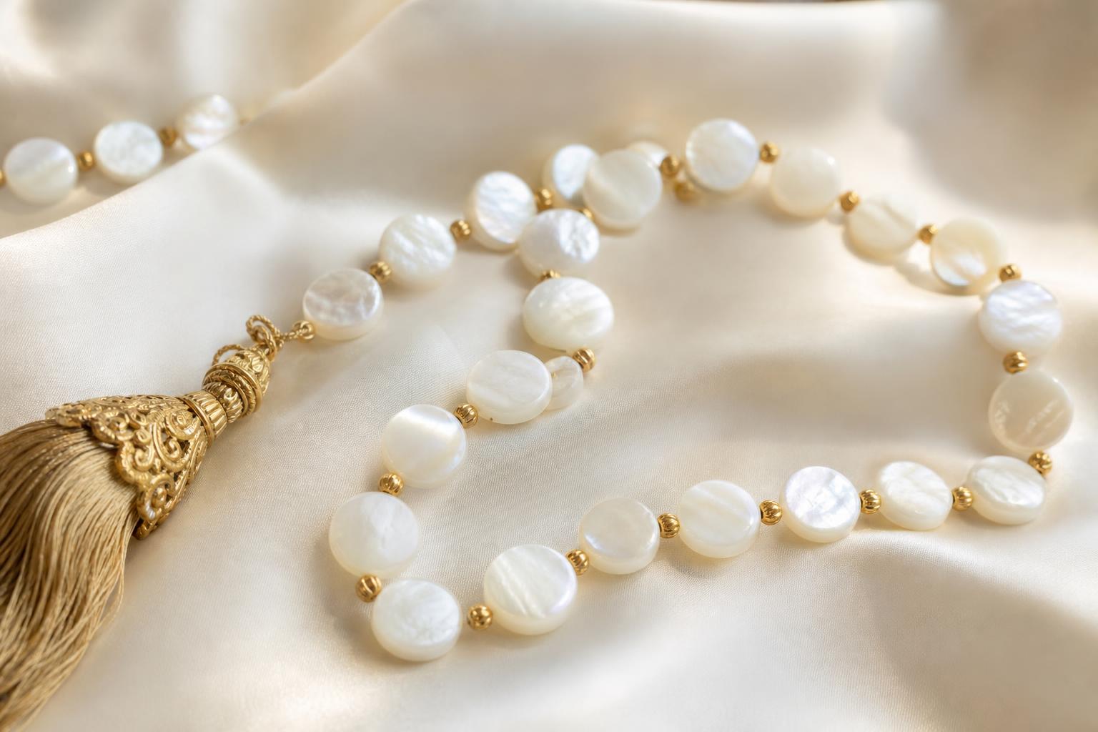 White mother-of-pearl beads and gold spacer beads arranged on cream silk fabric