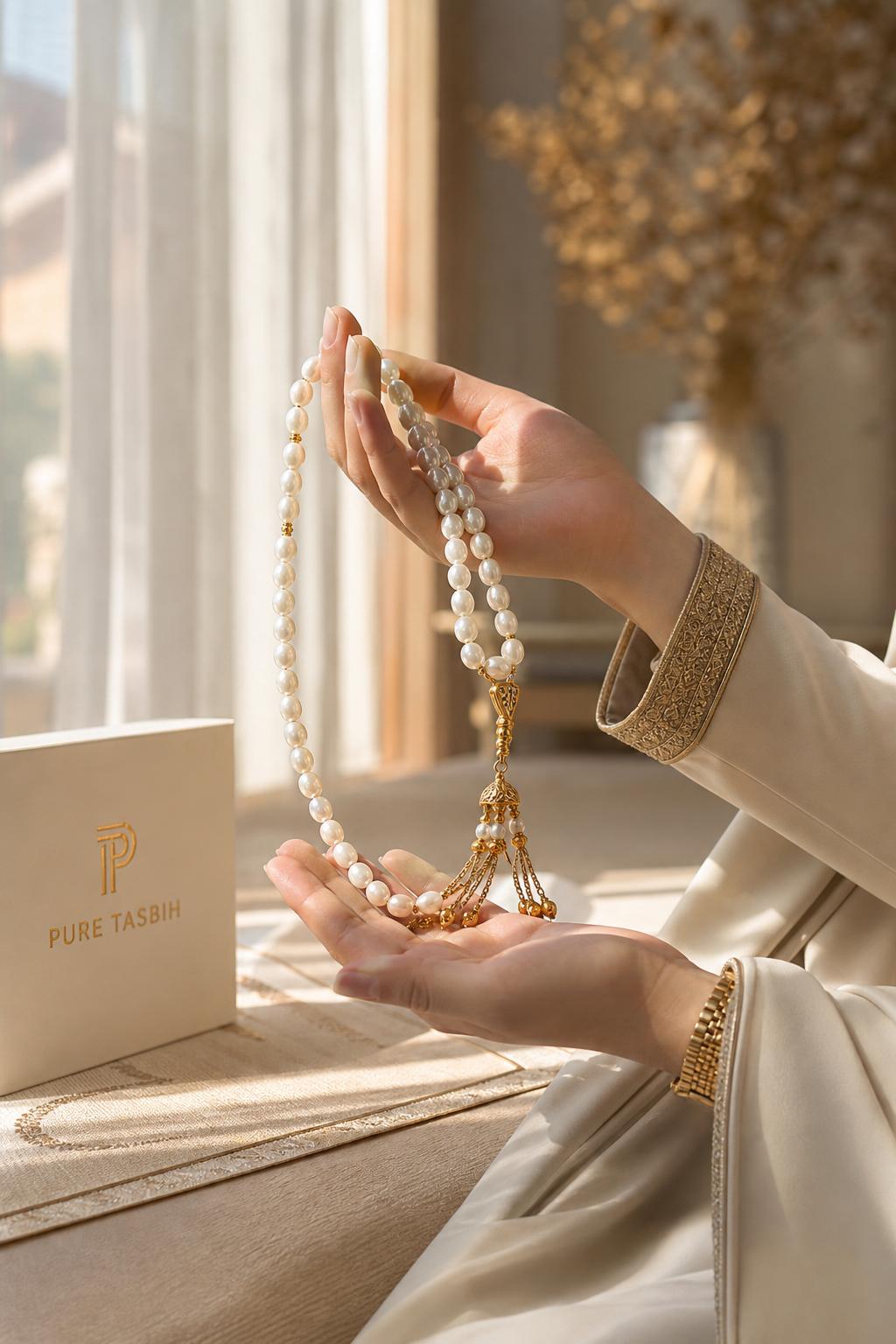 Elegant hands gently holding a white bead tasbih with gold accents near a sunlit window