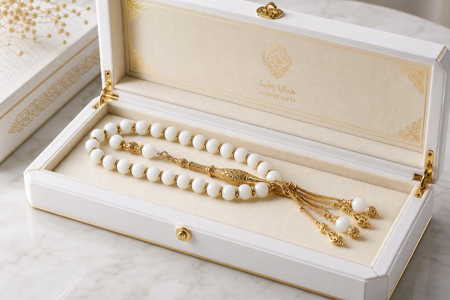 Luxury white presentation box with gold foil detailing revealing a white bead tasbih on cream velvet
