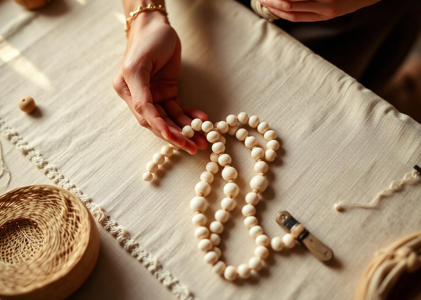 Artisan hand-stringing prayer beads